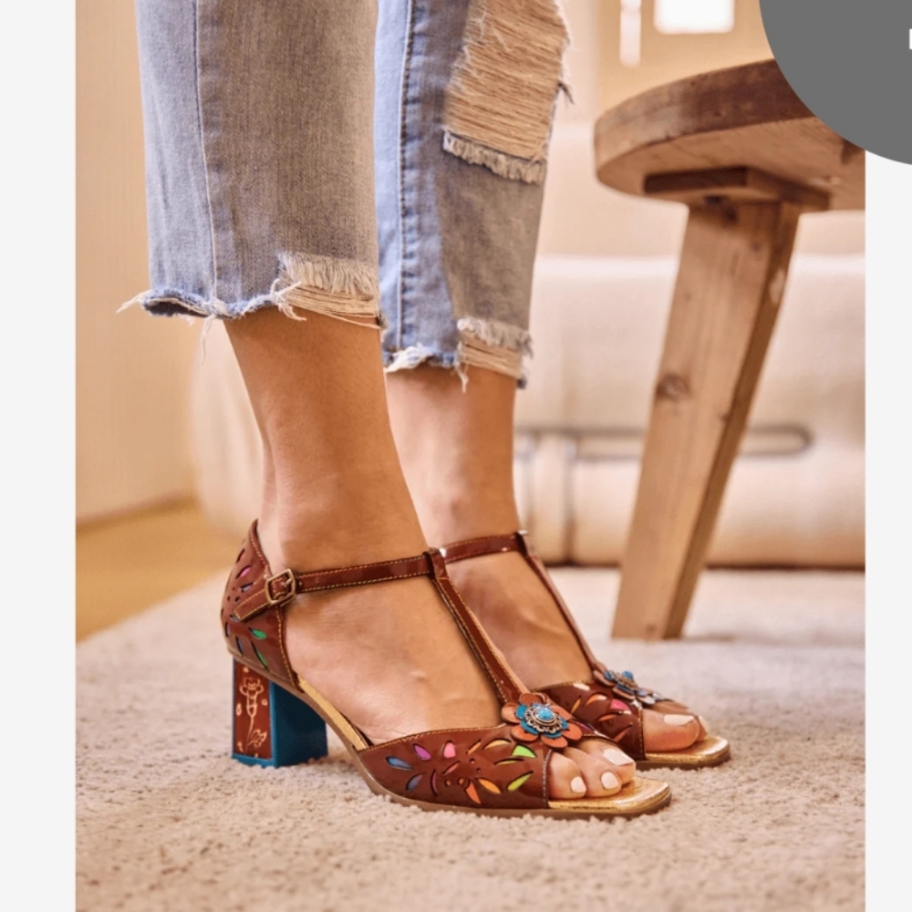 Elegant Floral Heels with Gold and Blue Details